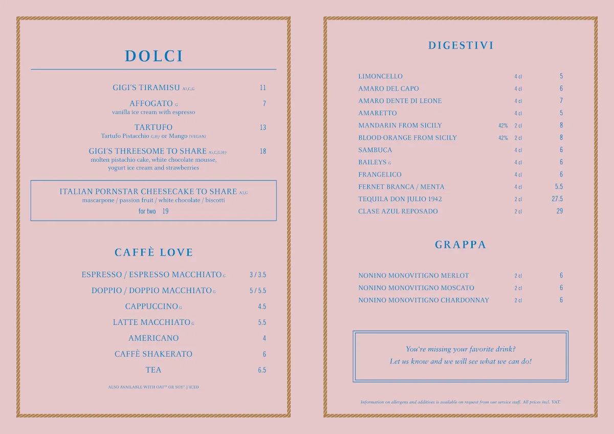 GIGI TRATTORIA – Speisekarte in München, Bayern
