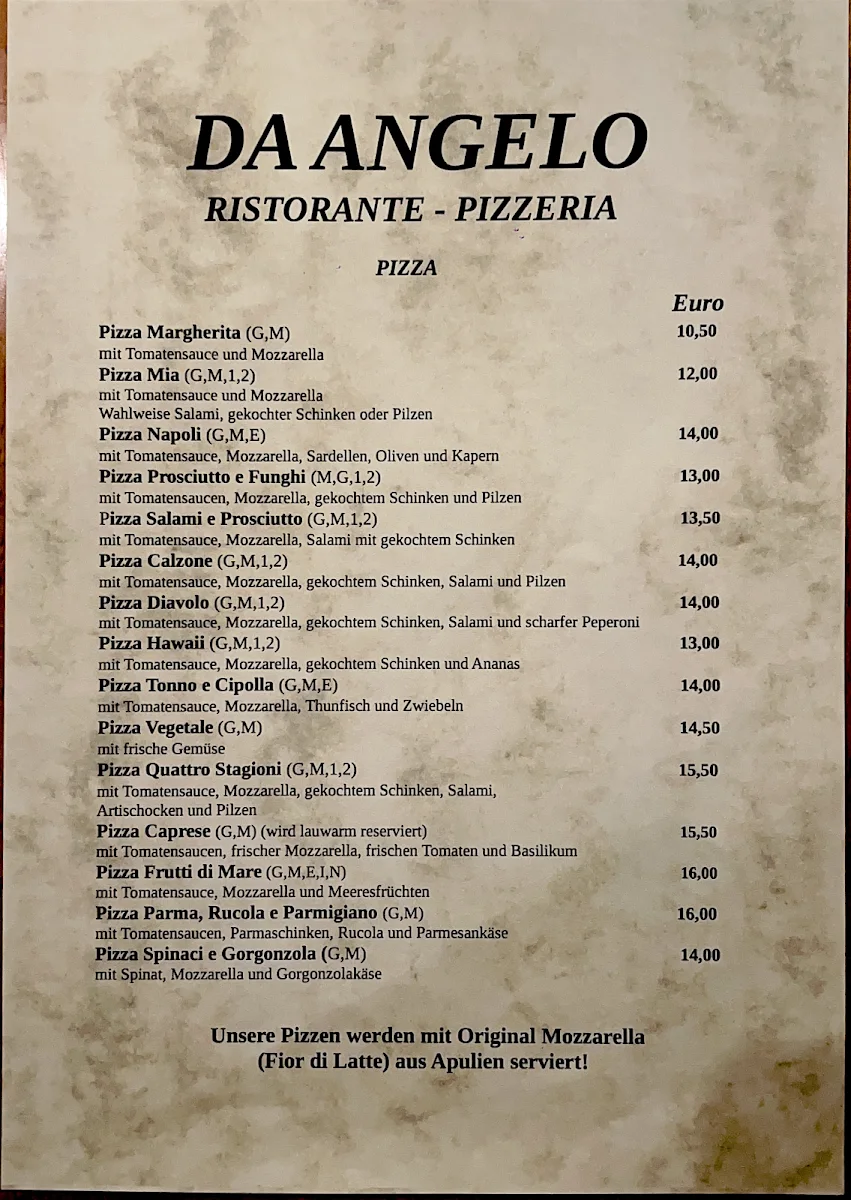 DA ANGELO Ristorante - Pizzeria – Speisekarte in Stuttgart, Baden-Württemberg