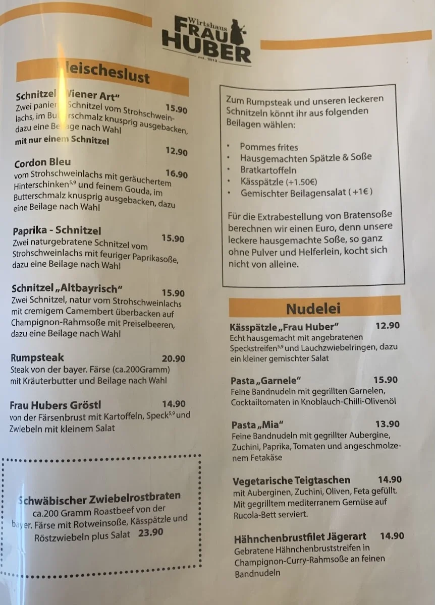Restaurant Wirtshaus Frau Huber – Speisekarte in Augsburg, Bayern