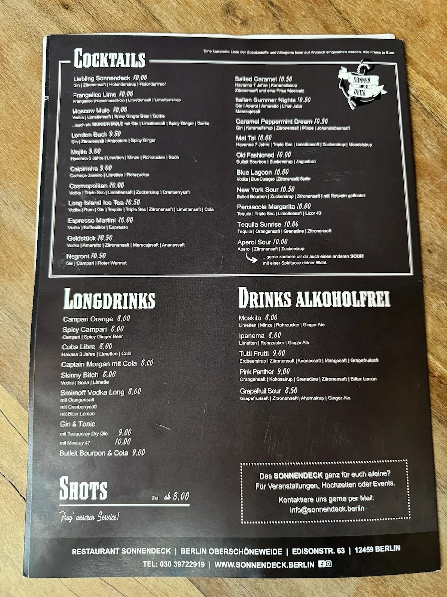 SONNENDECK Restaurant Bar Eventlocation – Speisekarte in Berlin