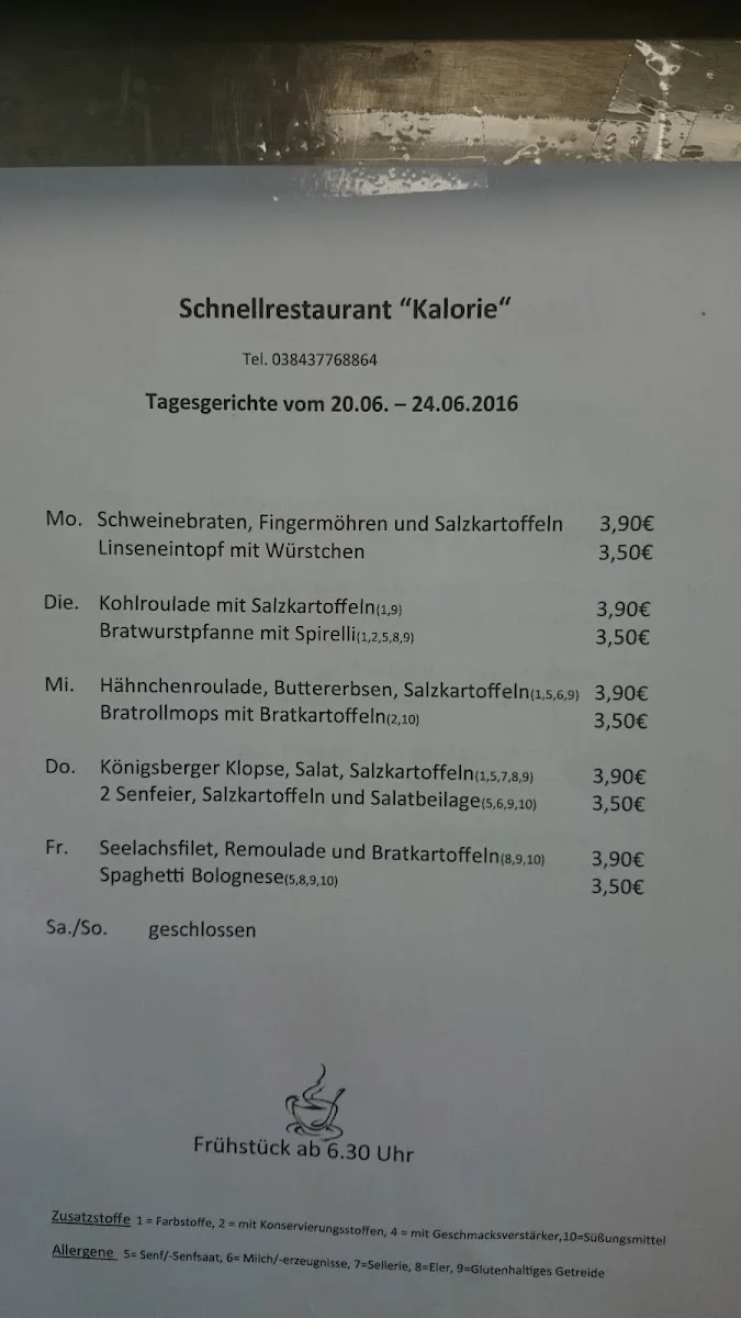 Schnellrestaurant Kalorie – Speisekarte in Güstrow, Mecklenburg-Vorpommern