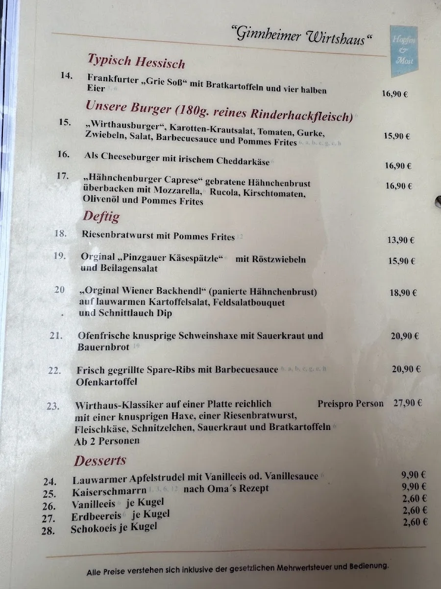 Ginnheimer Wirtshaus – Speisekarte in Frankfurt am Main, Hessen