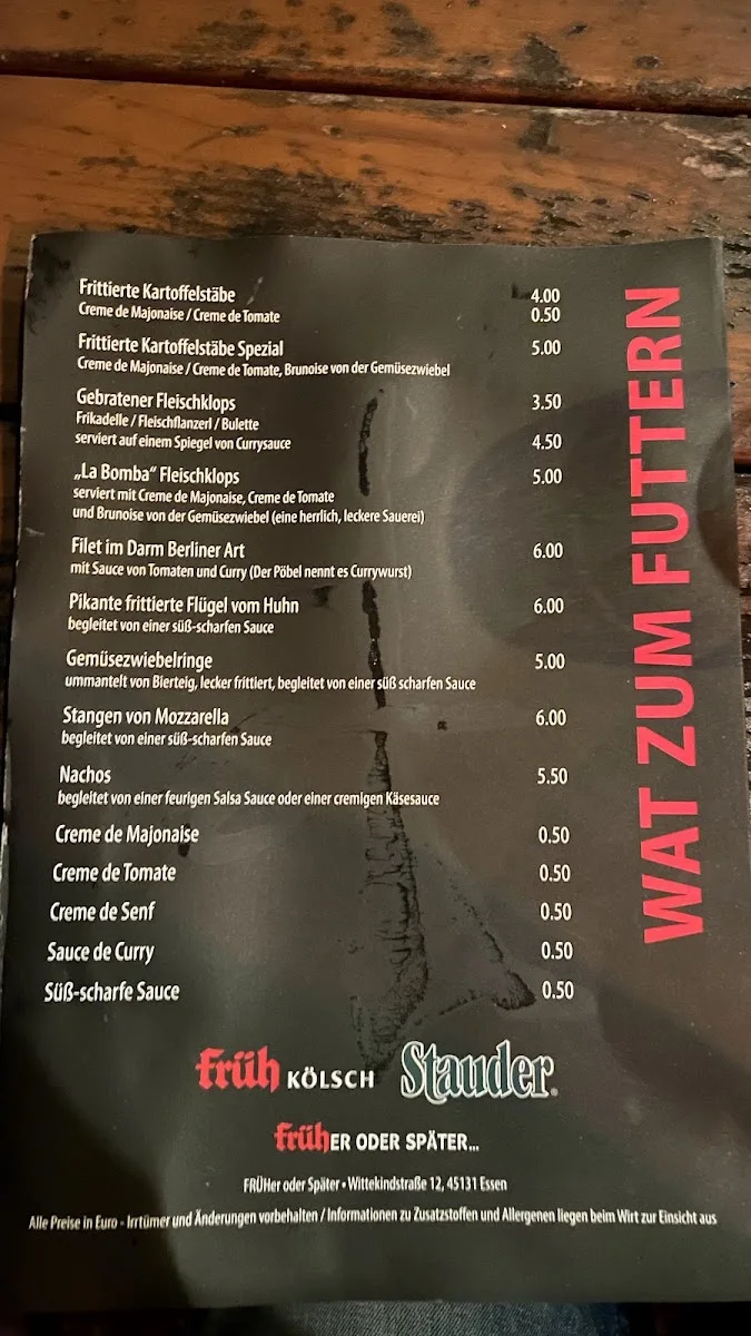 Früher oder Später – Speisekarte in Essen, Nordrhein-Westfalen