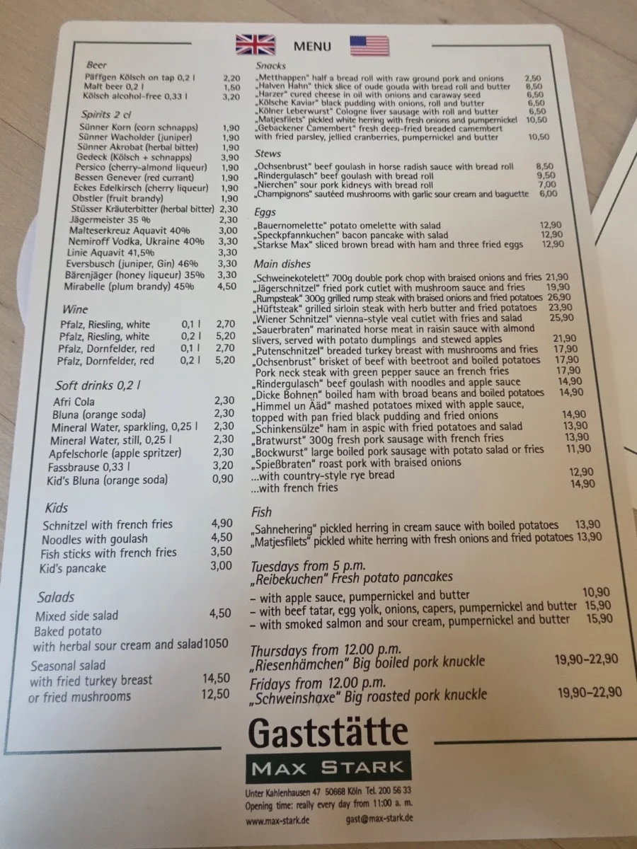 MAX STARK Gastronomie GmbH – Speisekarte in Köln, Nordrhein-Westfalen