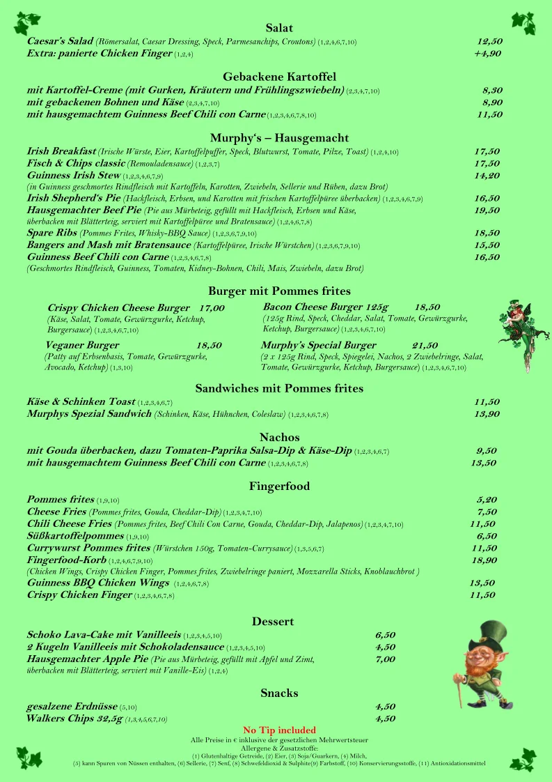Murphy’s Irish Pub – Speisekarte in Berlin