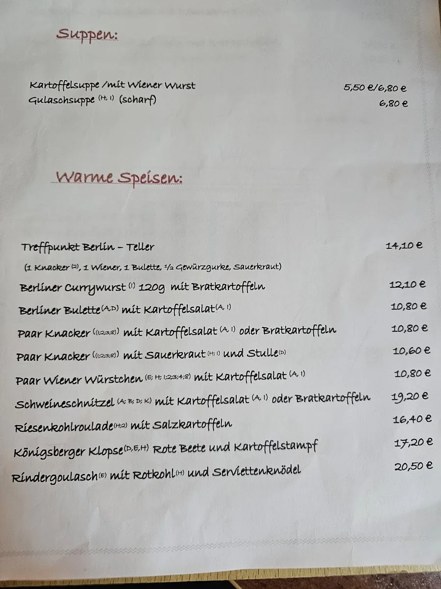 Treffpunkt Berlin "Alt-Berliner Kneipe" – Speisekarte in Berlin