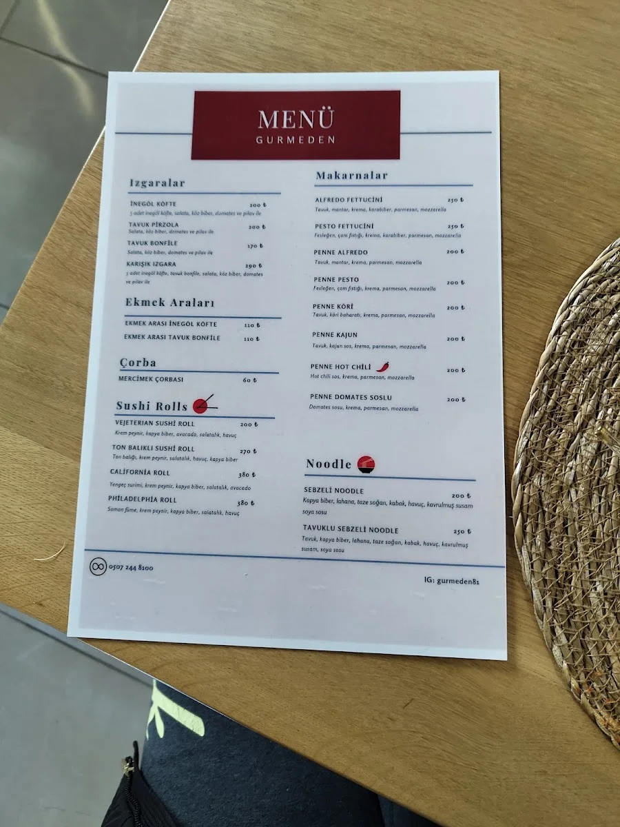 Gurmeden - Türk ve Asya Mutfağı & Sushi - Noodle – Menü · Aziziyegünlü, Düzce