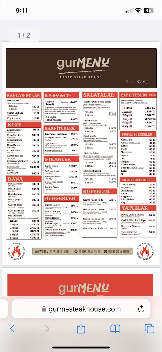 Gurme Steak House – Menü · Yenidoğan, Kocaeli